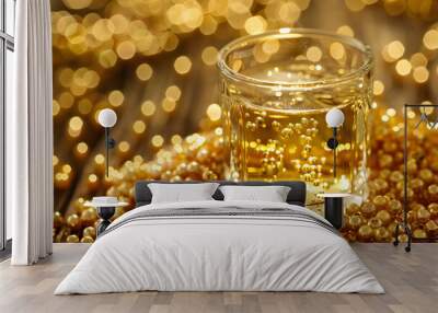 a glass filled with liquid sitting on top of a pile of gold colored beads on top of a wooden table. Wall mural