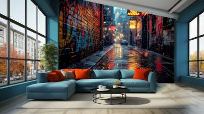 A graffiti covered back alley in a major city with wet streets, generative ai Wall mural