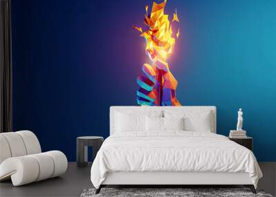 a hand holding the Olympic flame on a blue background, a torch in hand, an abstract decorative illustration in a polygonal style, a symbol of international sports games and competitions Wall mural