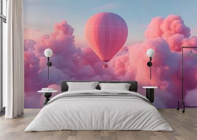 A hot air balloon surrounded by white and pink smoke clouds Wall mural