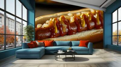 a hotdog with ketchup, mustard and caramelised onions Wall mural