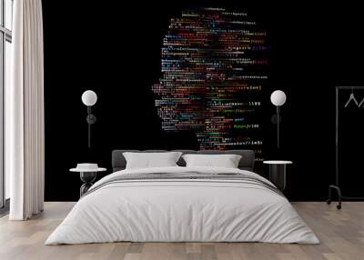 a human silhouette made of different algorithms, words; solid black background Wall mural