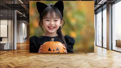 A joyful Asian girl in a black outfit sports playful cat ears while holding a pumpkin, embodying the spirit of Halloween festivities. Wall mural