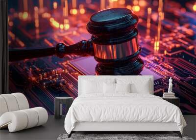 A judge's gavel on a circuit board, representing the intersection of law and technology. Wall mural