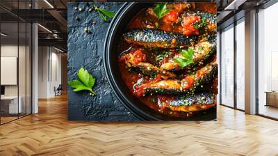 A keto friendly meal option featuring sardines cooked in tomato sauce and spices for lunch or dinner ideal for a diet plan Includes copy space image Wall mural