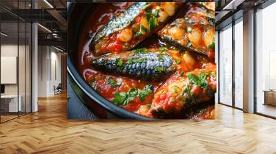 A keto friendly meal option featuring sardines cooked in tomato sauce and spices for lunch or dinner ideal for a diet plan Includes copy space image Wall mural