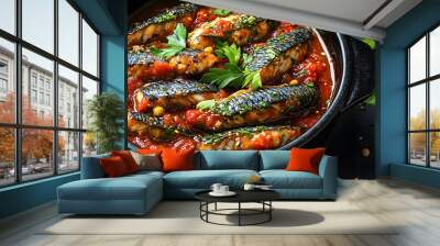 A keto friendly meal option featuring sardines cooked in tomato sauce and spices for lunch or dinner ideal for a diet plan Includes copy space image Wall mural