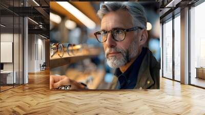 A middle aged man buying glasses for better vision in eyeglasses store. Wall mural