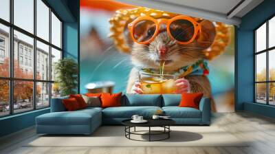 A mouse in summer clothes drinks a cocktail on a luxury cruise Wall mural