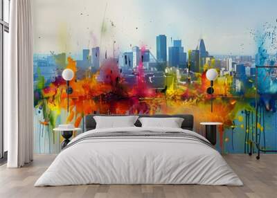 a painting of a cityscape with a lot of colorful paint splatters on the side of the picture and the city in the back ground with buildings in the background. Wall mural