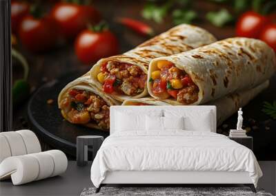 A pair of burritos resting on a dark platter alongside a mound of tomatoes and peppers Wall mural