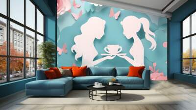 A papercut scene of a tea party setup for two, symbolizing mother-daughter bonding time, Mother's day background, with copy space Wall mural