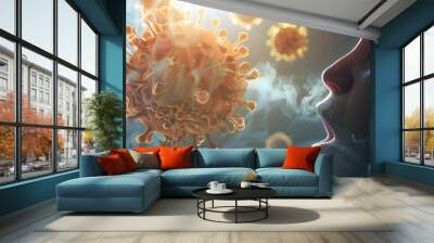 a person sneezing with visible viruses spread in the air Wall mural