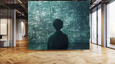 A person stands in front of a chalkboard filled with intricate math formulas, deep in thought. Wall mural