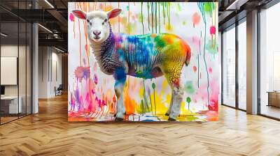 A rainbow-colored lamb stands against a pure backdrop, dabbed with colorful spots Wall mural