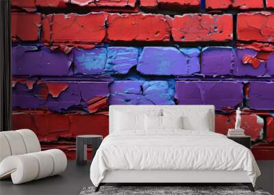 a red and purple brick wall with a blue brick in the middle Wall mural