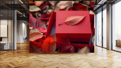 A red box atop a leaf-pile, one red with a leaf inside Wall mural