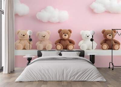 A row of bears sits atop a white shelf in front of a pink wall with cloudy skies Wall mural