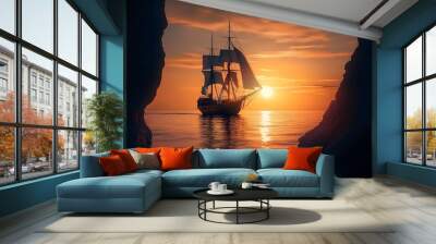 A sailing ship at sunset Wall mural