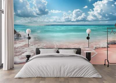 A scenic beach setting with clear turquoise waters gentle waves pink sandy shores under a sunny blue sky with fluffy white clouds a beautiful seascape perfect for summer ideal as a copy space image Wall mural