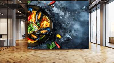 A seafood meal featuring homemade pasta with spaghetti mussels chili and parsley on a stone background in a top view copy space image Wall mural