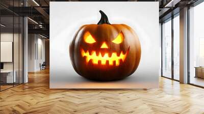 A single lit spooky halloween pumpkins, Jack O Lantern with evil face and eyes isolated against a transparent background. Wall mural