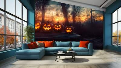 A spooky forest sunset with a haunted evil glowing eyes of Jack O' Lanterns on the left of a wooden bench on a scary halloween night. Wall mural