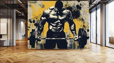 A strong athlete with large textured muscles holds a barbell with small metal pancakes. Graffiti-style digital art with paint splatters. Illustration for cover, card, interior design, brochure, etc. Wall mural