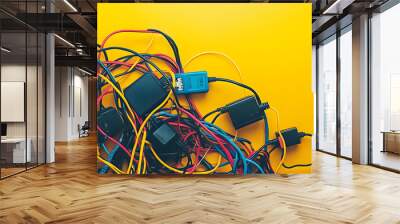 A tangle of cords stemming from multiple extension cables, electrical wires, and chargers against a yellow background Wall mural