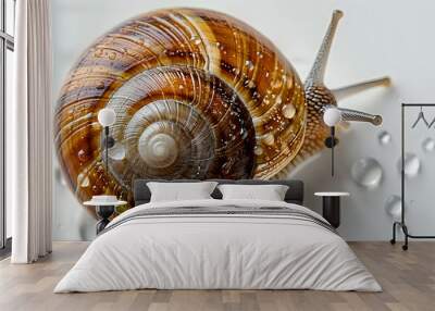 A tight shot of a snail's spiral shell against a pristine white backdrop, adorned with water droplets Wall mural