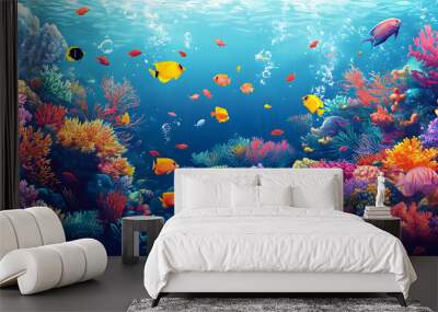 A vibrant coral reef teeming with colorful fish and exotic sea creatures. Vector flat minimalistic isolated Wall mural