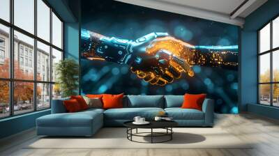 A virtual handshake between digital avatars, illustrating partnerships and strategic alliances, business strategy, dynamic and dramatic compositions, with copy space Wall mural