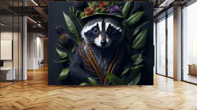 A whimsical, surreal portrait of a mischievous raccoon made entirely out of vibrant, exotic plants. Wall mural