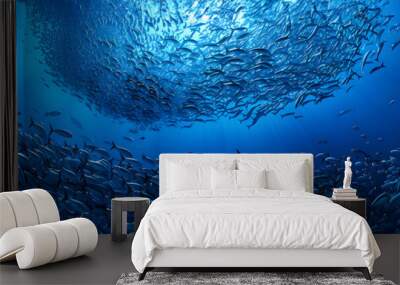 a wide view in ocean with a school of sardines shaped like a sphere Wall mural