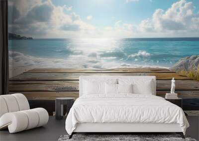 a wooden table in the beach in the sunny day, in the style of photo-realistic landscapes,  Wall mural