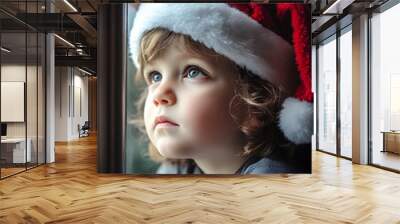 A young boy wearing a red and white Santa hat is looking out the window. He is sad or lonely Wall mural