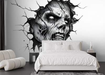 a zombie face with scars, breaking through a wall, on a white background Wall mural