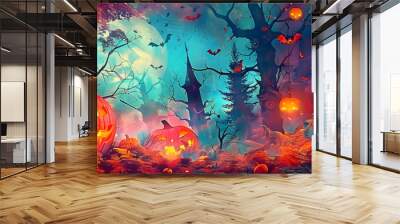 abstract and colorful beautiful illustration of halloween themed scene Wall mural