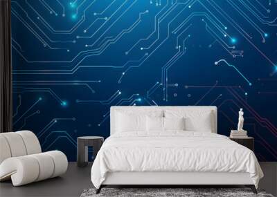 Abstract digital circuit board on technology blue background. Circuit connected lines and dots on abstract motherboard. Navy gradient tech bg. AI innovation concept. Futuristic vector illustration. Wall mural