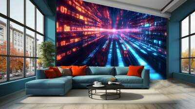 Abstract digital data stream with glowing lines and numbers, representing fast internet connection, technology, data flow, and digital world. Wall mural