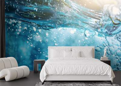 abstract flowing water wave from above, sun lights in bright blue water surface, beautiful fresh concept for body care, cosmetics, pharmacy or drink with copy space Wall mural