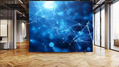 Abstract illustration featuring plexus blue geometrical shapes, representing connection and web concept, with digital communication and technology network background comprising moving lines and dots. Wall mural