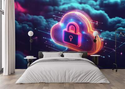 Abstract illustration of cloud security services, stylized cloud icon integrated with a secure padlock symbol, representing data protection and cybersecurity in cloud computing environments. Wall mural