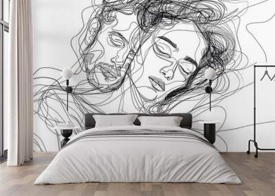 Abstract one line art drawing of a woman leaning on a man's chest, one line art smooth lines drawing Wall mural