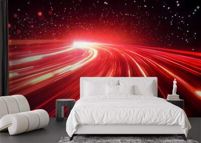 Abstract red lines depict the speed of the road in red. Red light trails on a dark background, with a high speed and fast motion blur effect. Design of a postcard, banner, website Wall mural