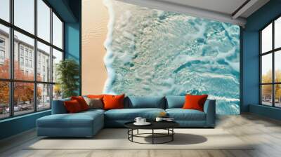 abstract sand beach from above with light blue transparent water wave and sun lights, summer vacatio Wall mural