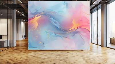 Abstract watercolor paint background illustration - Soft pastel pink blue color and golden lines, with liquid fluid marbled paper texture banner texture Wall mural