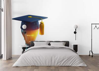 Academic graduation cap on a light bulb. 3d rendering Wall mural