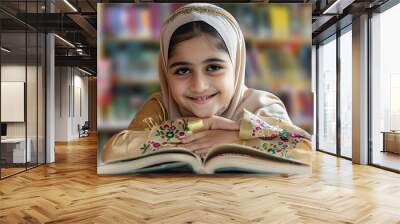 Adorable smiling Pakistani Muslim girl with beautiful eyes wearing hijab, studying and doing homework on table, happy student kid reading book on blurred background of bookcase in library. Wall mural