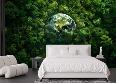 Aerial top view green forest with earth, Green planet in your hands, Save Earth, Texture of forest view from above ecosystem and healthy environment Wall mural